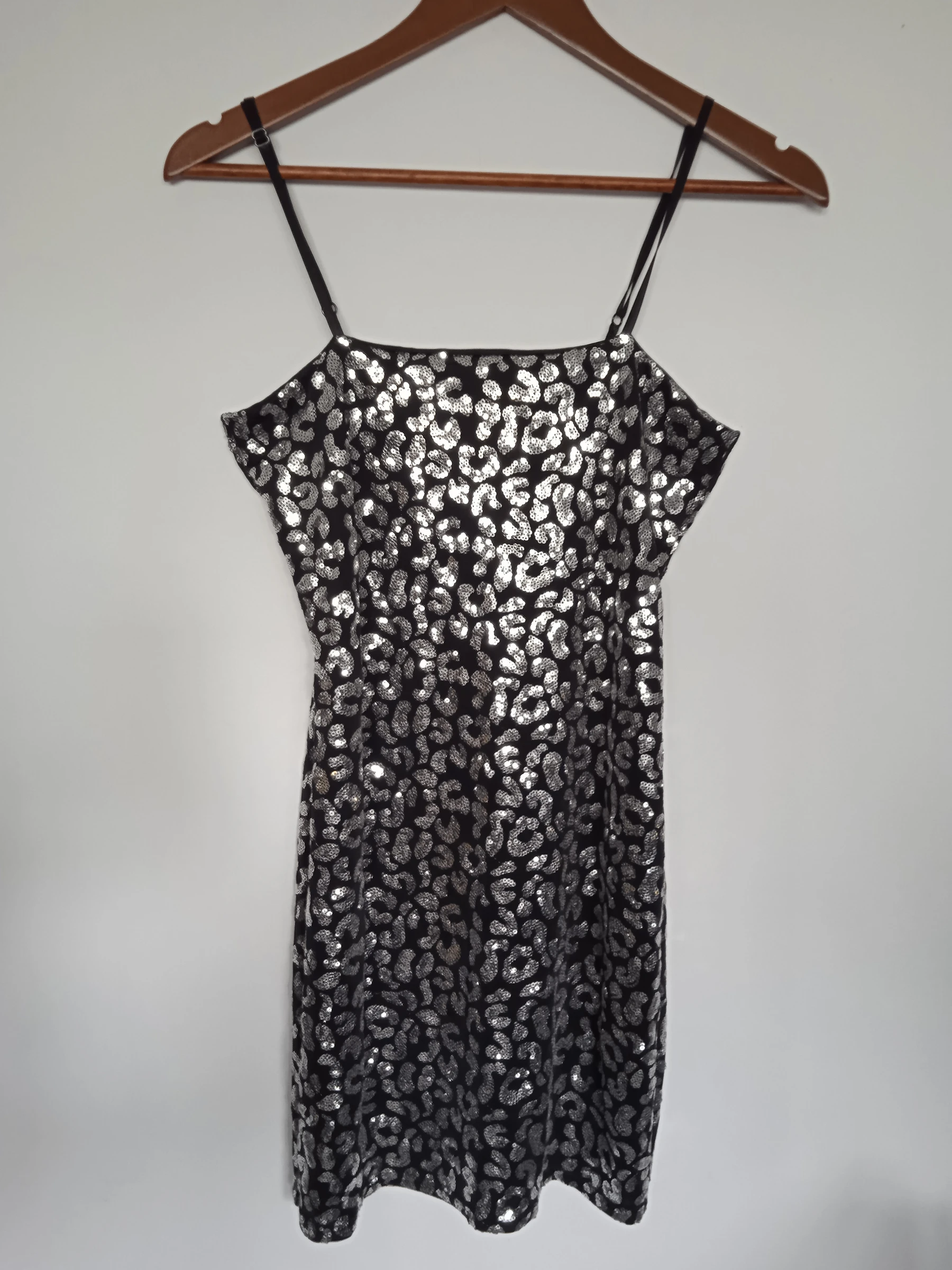 Robe noire motif léopard sequins argenté métallisé à bretelles MIM taille 38